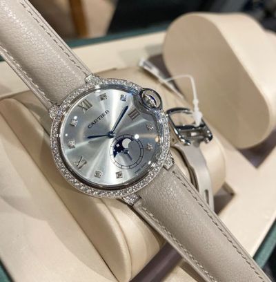 Ballon Bleu De Cartier 36mm Swiss Quartz Movement Grey Face White Gold Case Watch